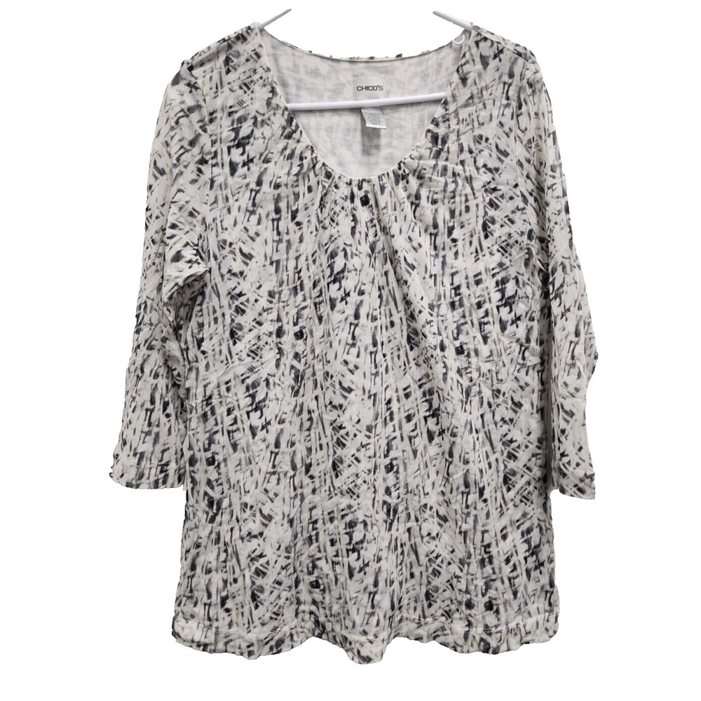 Chicos Womens Wearable art Top XL Black Ivory Abstract 3/4 Sleeve Nylon Stretch